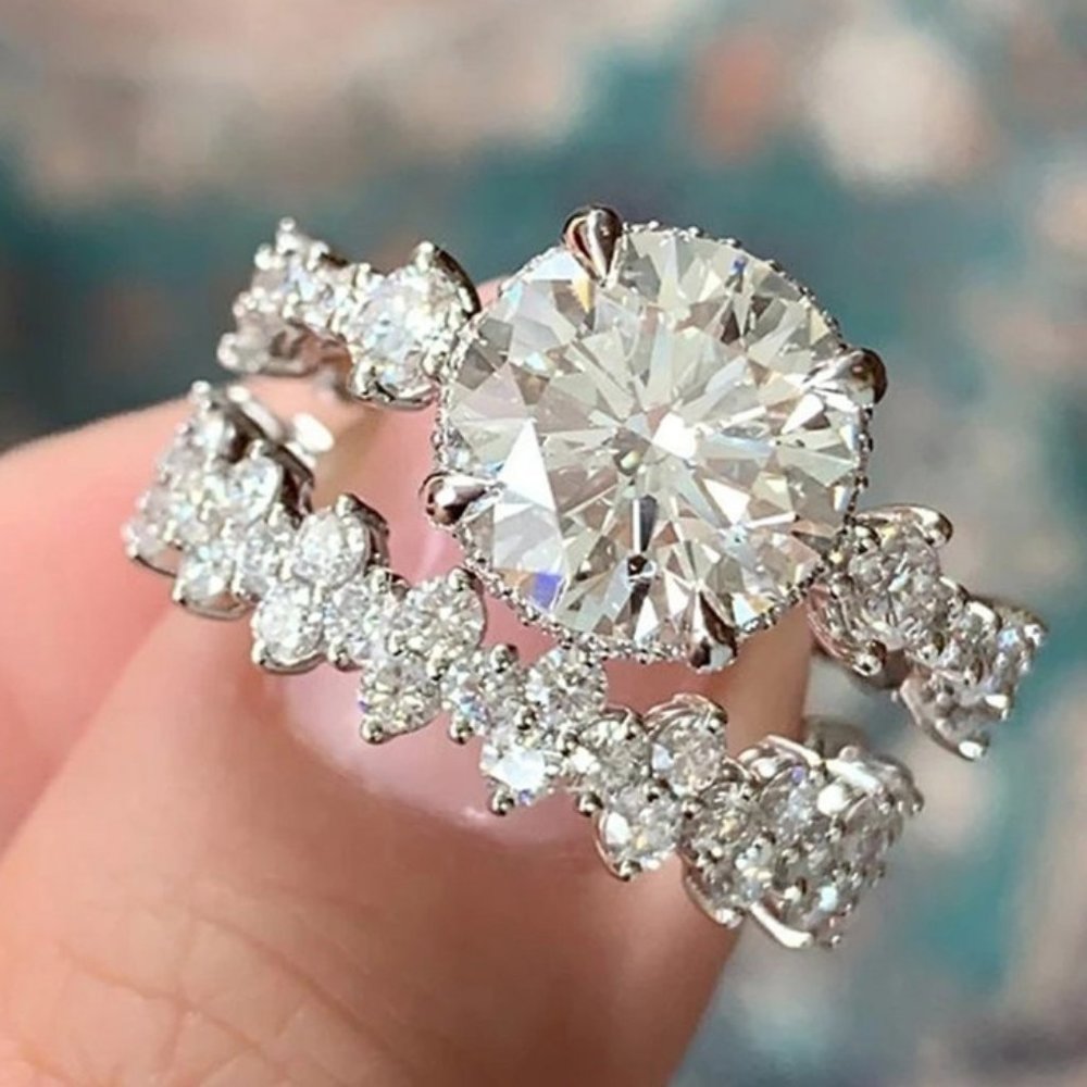 NEW 2PC/Set Silver Round Diamond Engagement Ring